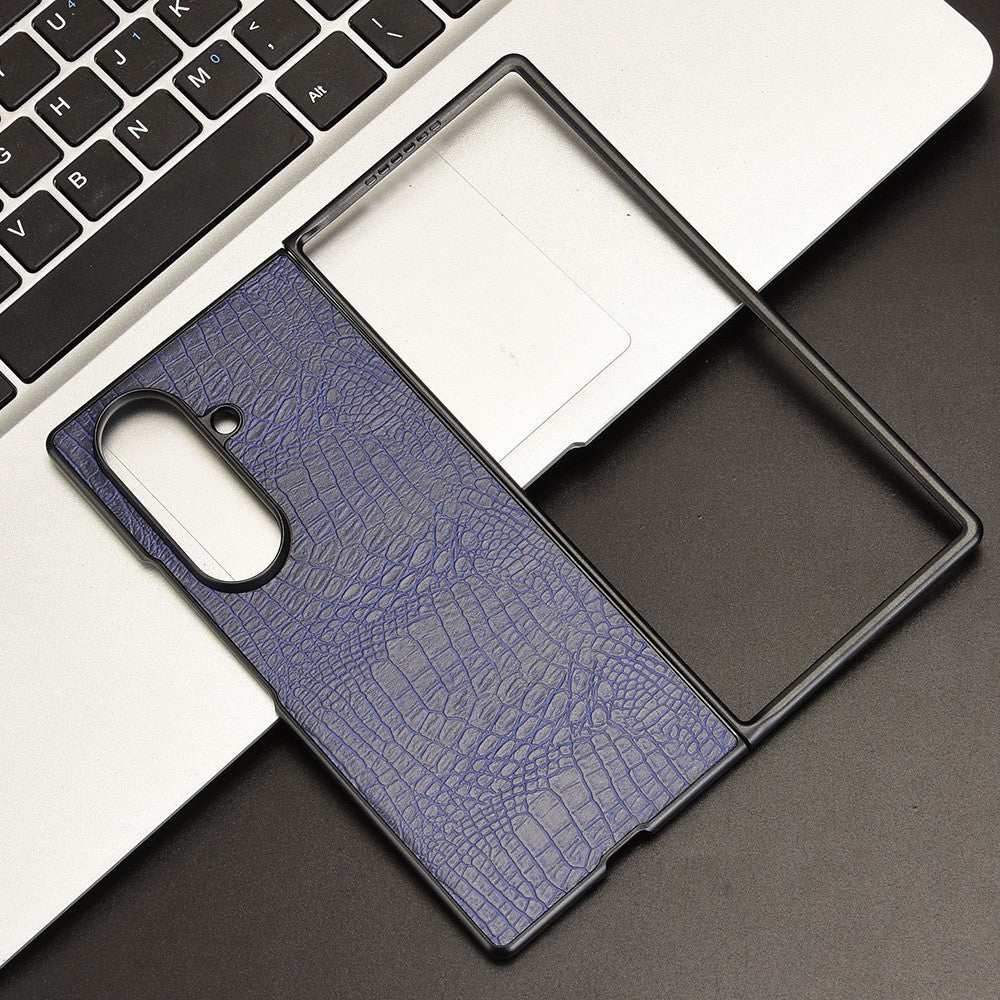 For Samsung Galaxy Z Fold7 5G Case Crocodile Texture Leather Coated Hard PC Phone Cover - Blue