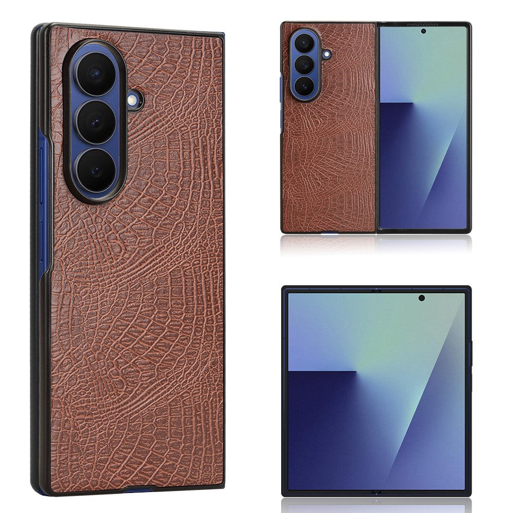 For Samsung Galaxy Z Fold7 5G Case Crocodile Texture Leather Coated Hard PC Phone Cover - Brown