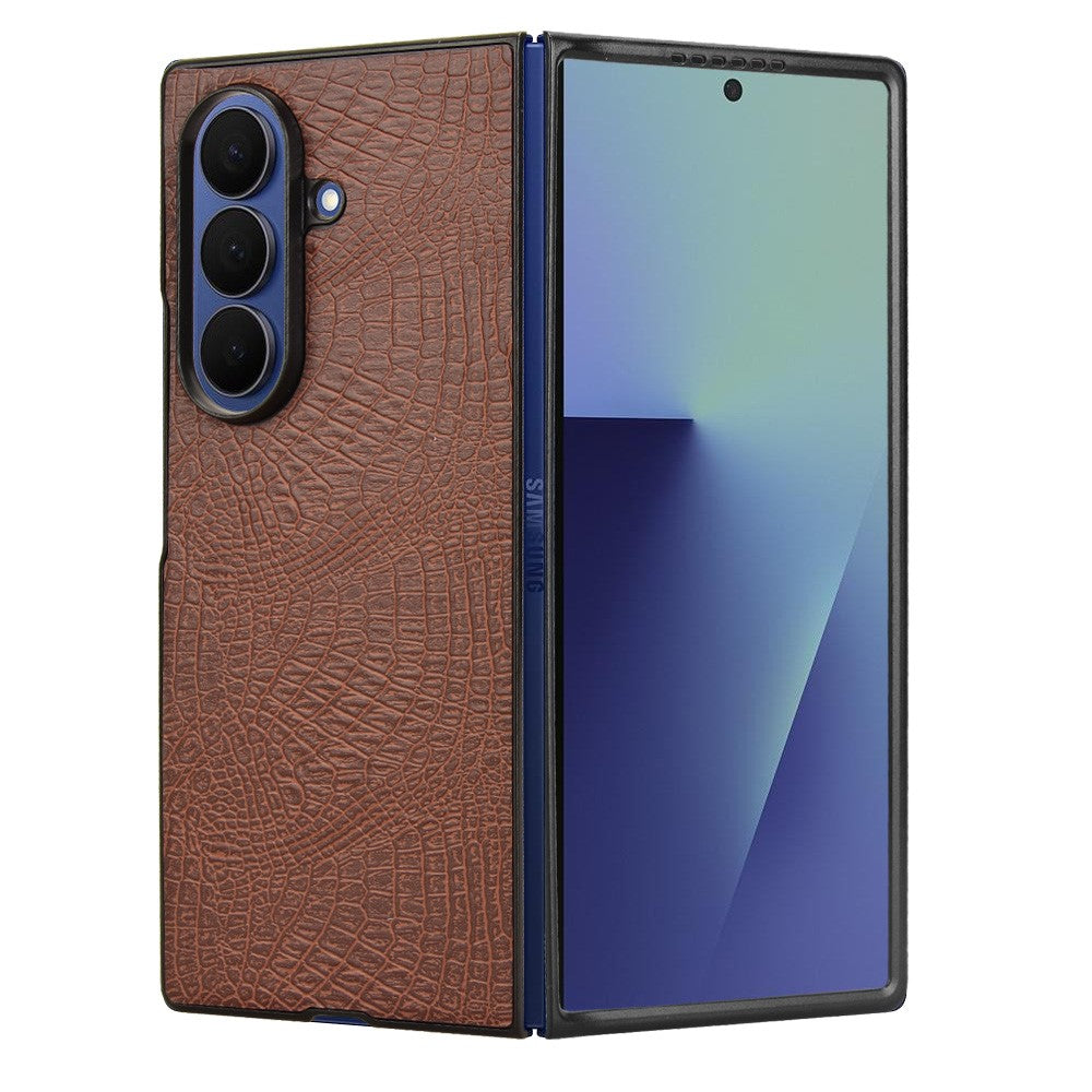 For Samsung Galaxy Z Fold7 5G Case Crocodile Texture Leather Coated Hard PC Phone Cover - Brown