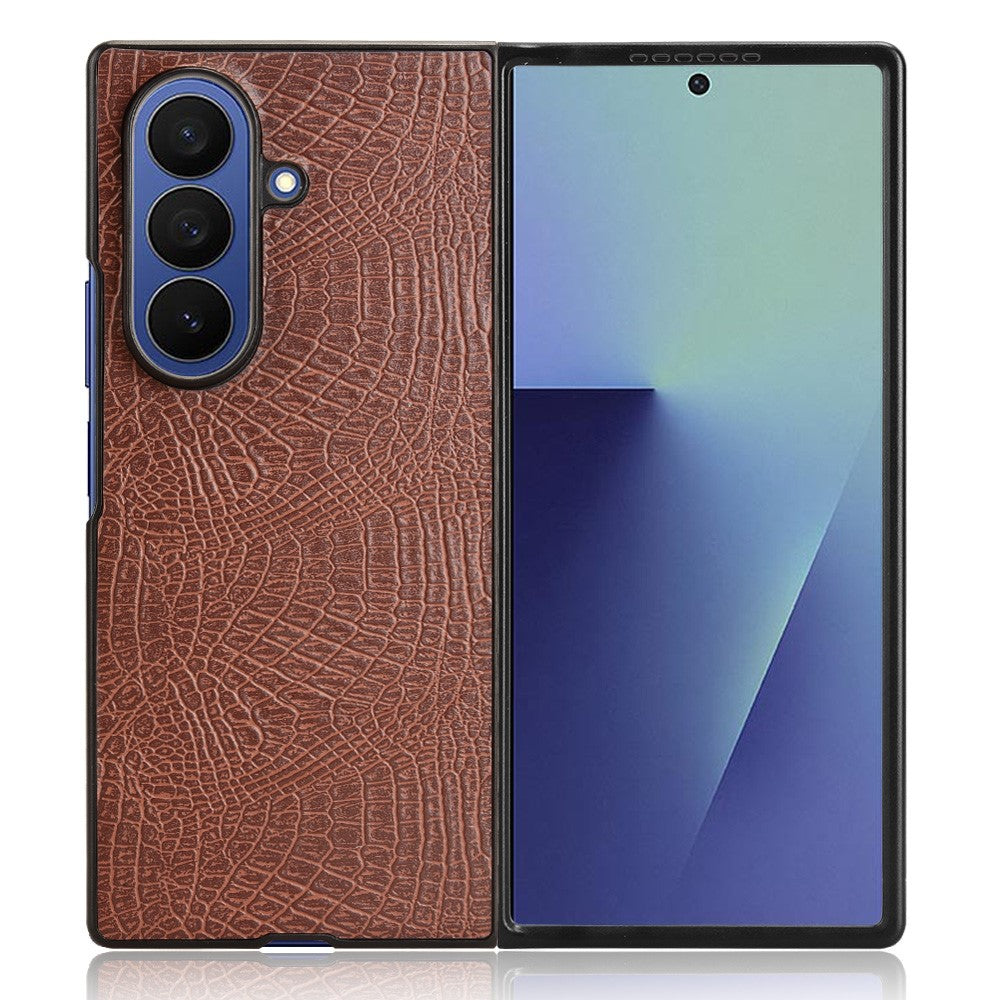 For Samsung Galaxy Z Fold7 5G Case Crocodile Texture Leather Coated Hard PC Phone Cover - Brown