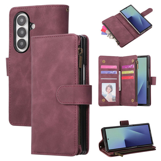 For Samsung Galaxy Z Fold7 5G Case Zipper Wallet Leather Phone Cover with Shoulder Strap - Wine Red