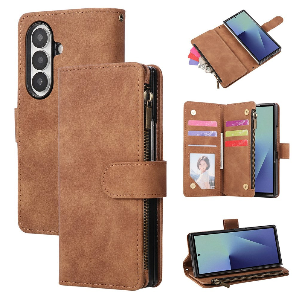 For Samsung Galaxy Z Fold7 5G Case Zipper Wallet Leather Phone Cover with Shoulder Strap - Brown