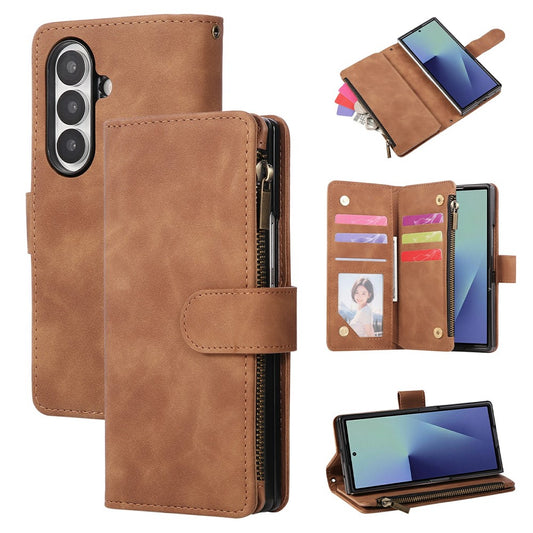 For Samsung Galaxy Z Fold7 5G Case Zipper Wallet Leather Phone Cover with Shoulder Strap - Brown