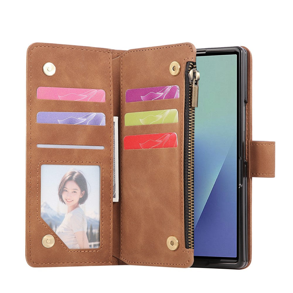 For Samsung Galaxy Z Fold7 5G Case Zipper Wallet Leather Phone Cover with Shoulder Strap - Brown