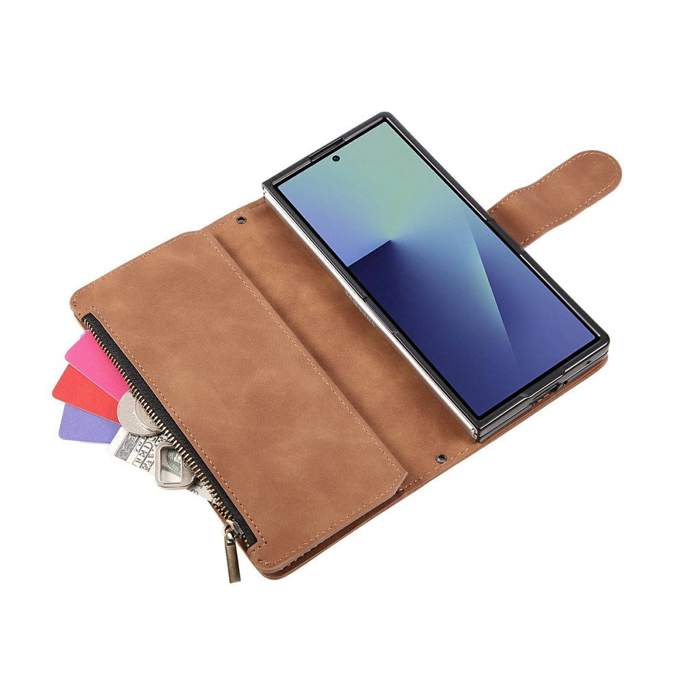 For Samsung Galaxy Z Fold7 5G Case Zipper Wallet Leather Phone Cover with Shoulder Strap - Brown