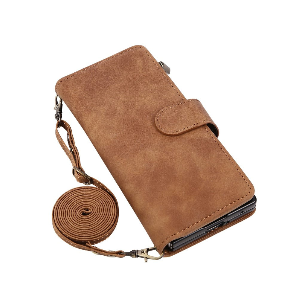 For Samsung Galaxy Z Fold7 5G Case Zipper Wallet Leather Phone Cover with Shoulder Strap - Brown