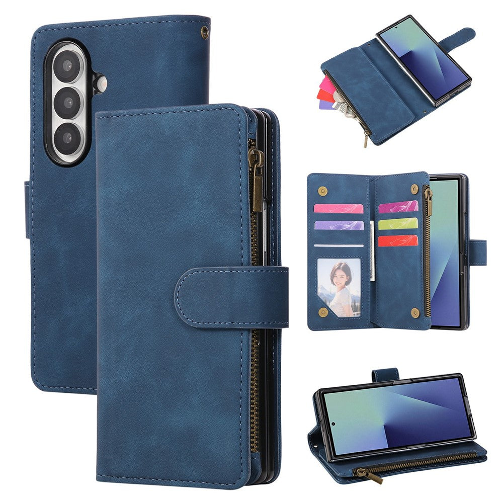 For Samsung Galaxy Z Fold7 5G Case Zipper Wallet Leather Phone Cover with Shoulder Strap - Blue