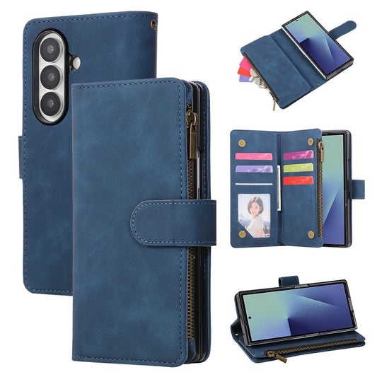 For Samsung Galaxy Z Fold7 5G Case Zipper Wallet Leather Phone Cover with Shoulder Strap - Blue