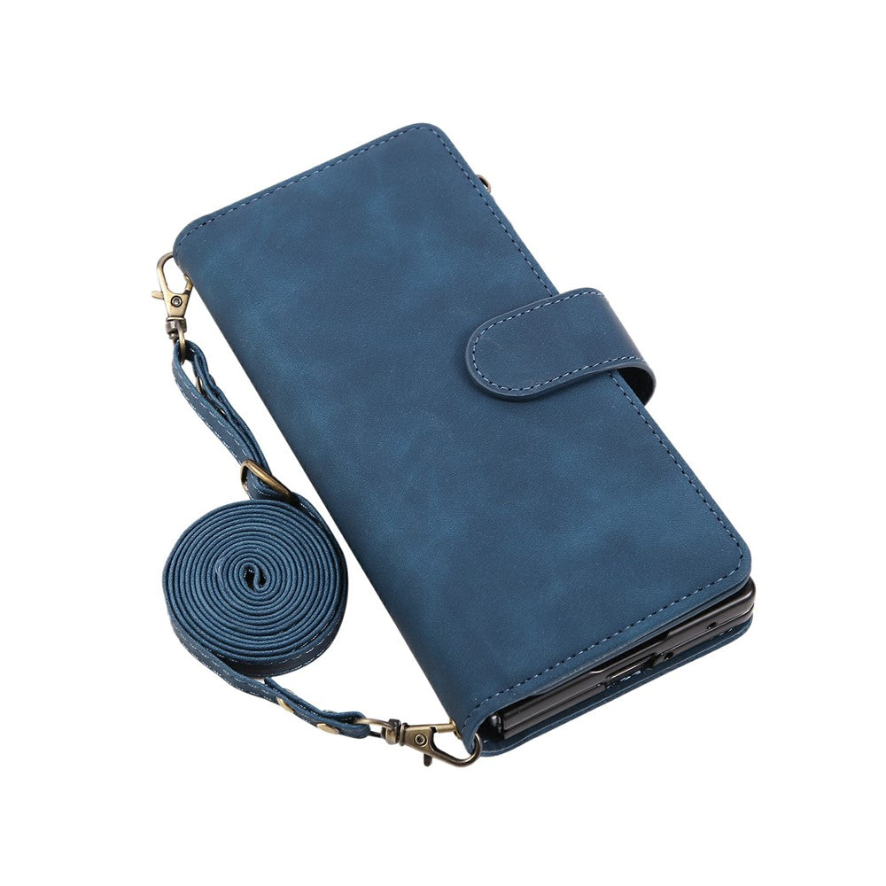 For Samsung Galaxy Z Fold7 5G Case Zipper Wallet Leather Phone Cover with Shoulder Strap - Blue