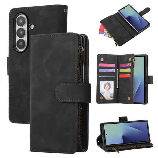 For Samsung Galaxy Z Fold7 5G Case Zipper Wallet Leather Phone Cover with Shoulder Strap - Black