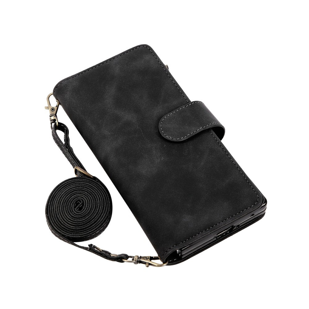For Samsung Galaxy Z Fold7 5G Case Zipper Wallet Leather Phone Cover with Shoulder Strap - Black