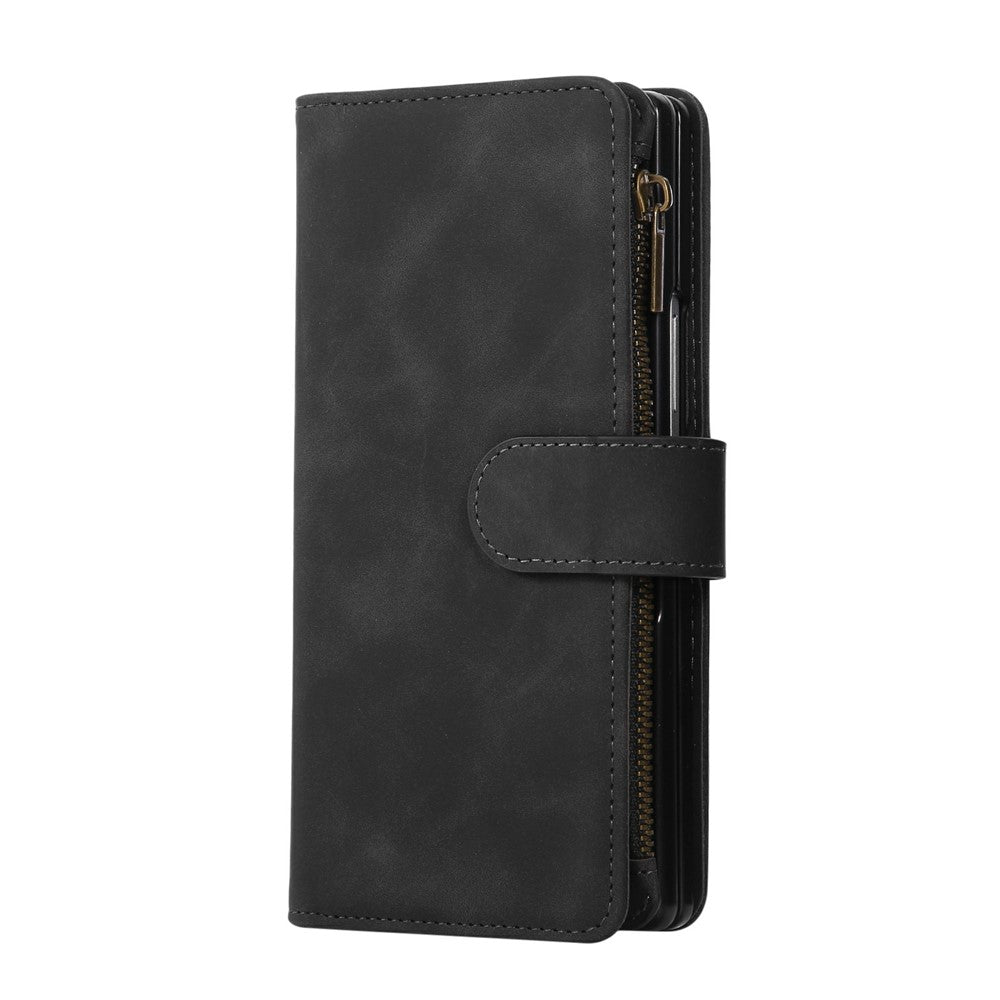 For Samsung Galaxy Z Fold7 5G Case Zipper Wallet Leather Phone Cover with Shoulder Strap - Black