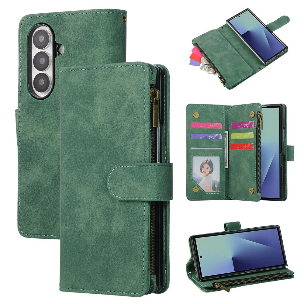 For Samsung Galaxy Z Fold7 5G Case Zipper Wallet Leather Phone Cover with Shoulder Strap - Green