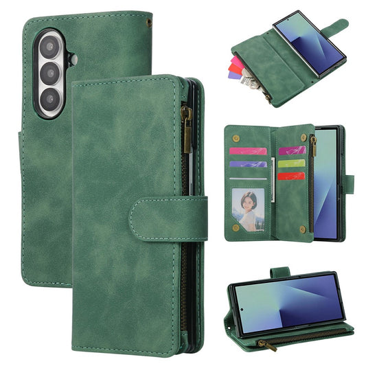 For Samsung Galaxy Z Fold7 5G Case Zipper Wallet Leather Phone Cover with Shoulder Strap - Green