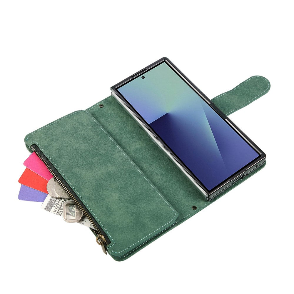 For Samsung Galaxy Z Fold7 5G Case Zipper Wallet Leather Phone Cover with Shoulder Strap - Green