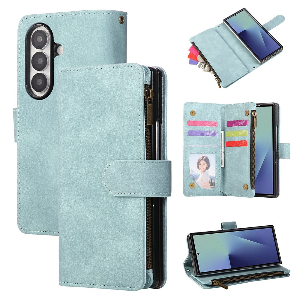 For Samsung Galaxy Z Fold7 5G Case Zipper Wallet Leather Phone Cover with Shoulder Strap - Baby Blue