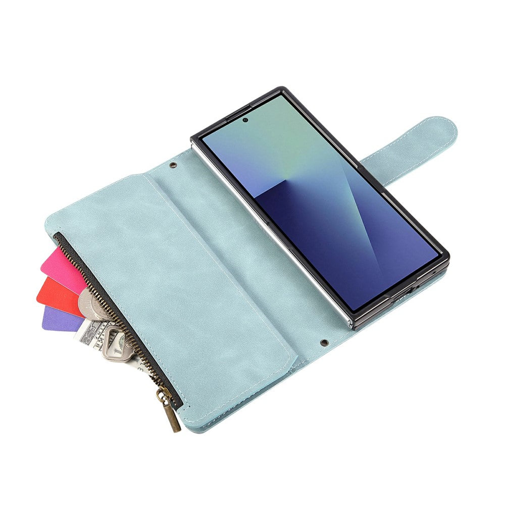For Samsung Galaxy Z Fold7 5G Case Zipper Wallet Leather Phone Cover with Shoulder Strap - Baby Blue