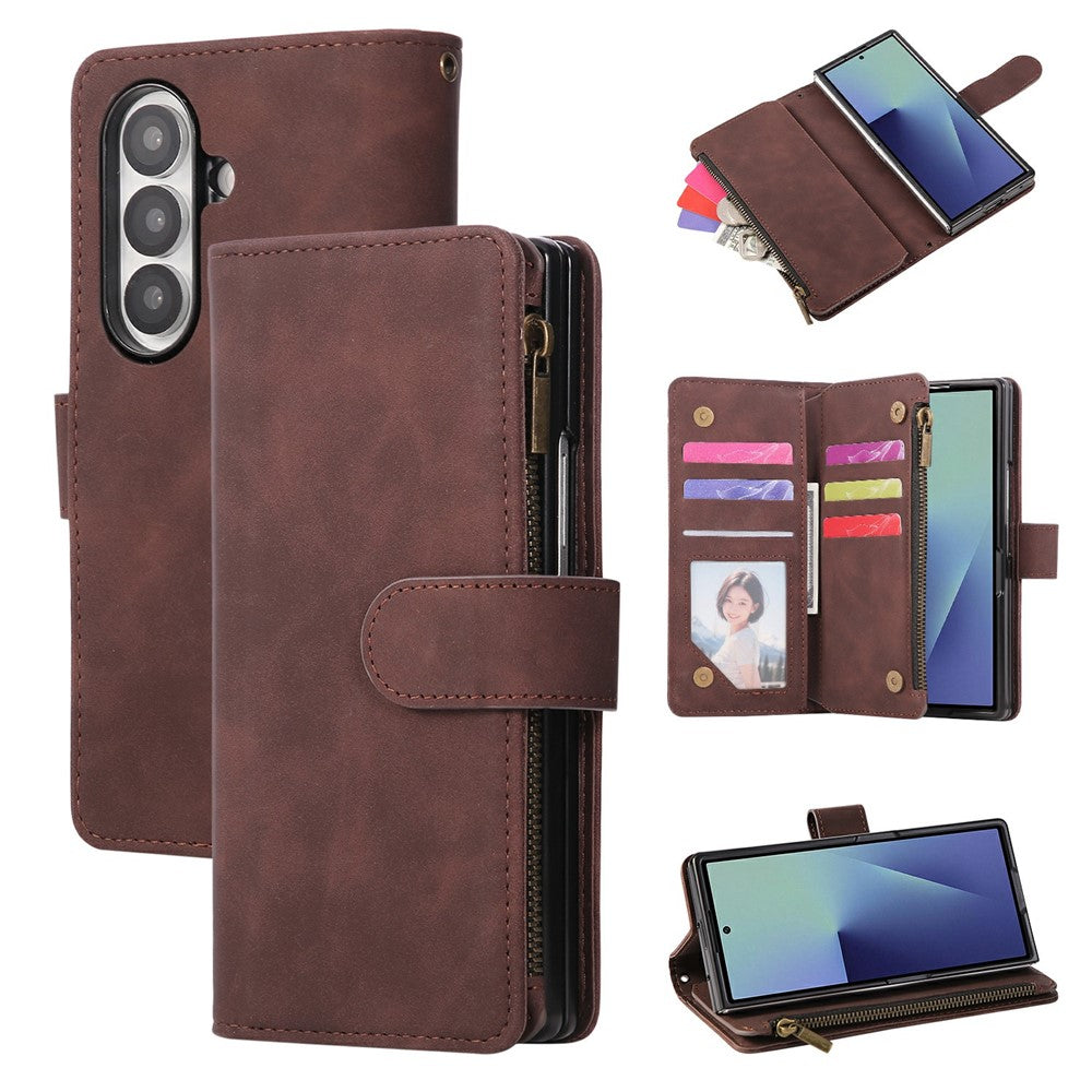 For Samsung Galaxy Z Fold7 5G Case Zipper Wallet Leather Phone Cover with Shoulder Strap - Coffee