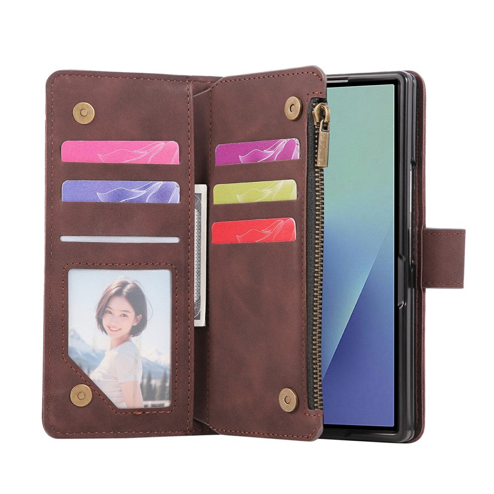 For Samsung Galaxy Z Fold7 5G Case Zipper Wallet Leather Phone Cover with Shoulder Strap - Coffee