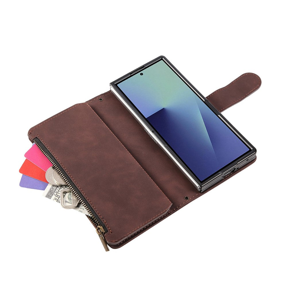 For Samsung Galaxy Z Fold7 5G Case Zipper Wallet Leather Phone Cover with Shoulder Strap - Coffee