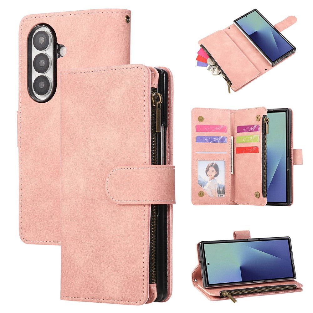 For Samsung Galaxy Z Fold7 5G Case Zipper Wallet Leather Phone Cover with Shoulder Strap - Pink