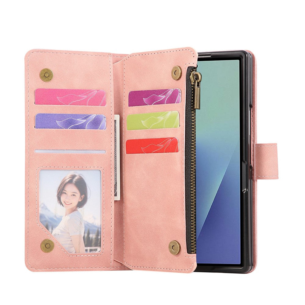 For Samsung Galaxy Z Fold7 5G Case Zipper Wallet Leather Phone Cover with Shoulder Strap - Pink
