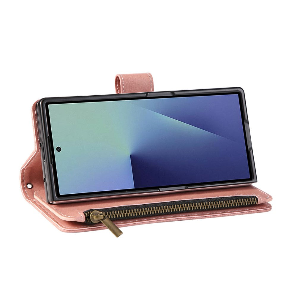 For Samsung Galaxy Z Fold7 5G Case Zipper Wallet Leather Phone Cover with Shoulder Strap - Pink