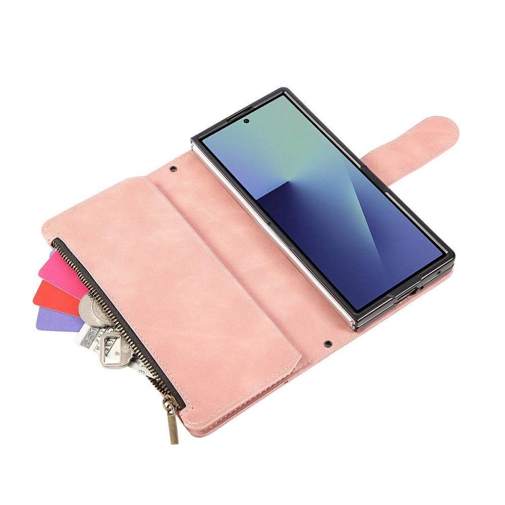 For Samsung Galaxy Z Fold7 5G Case Zipper Wallet Leather Phone Cover with Shoulder Strap - Pink