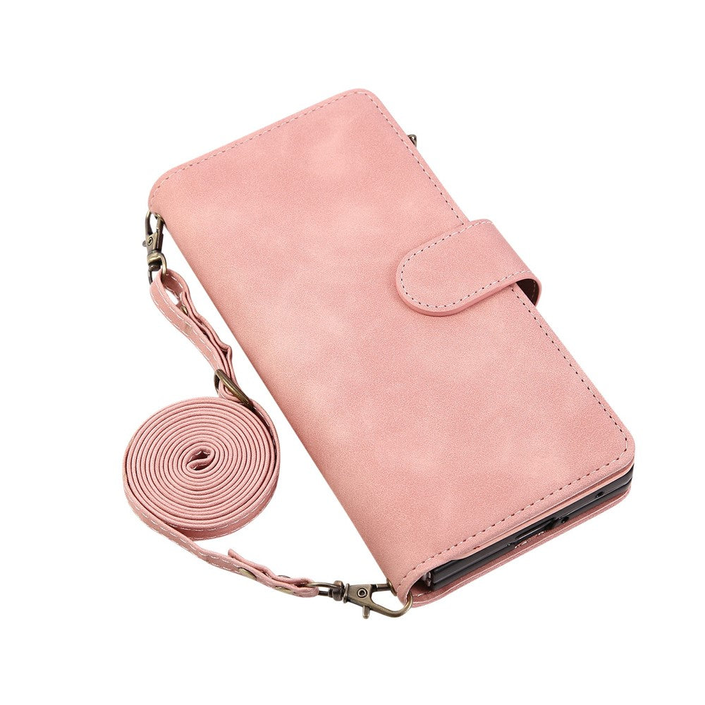 For Samsung Galaxy Z Fold7 5G Case Zipper Wallet Leather Phone Cover with Shoulder Strap - Pink