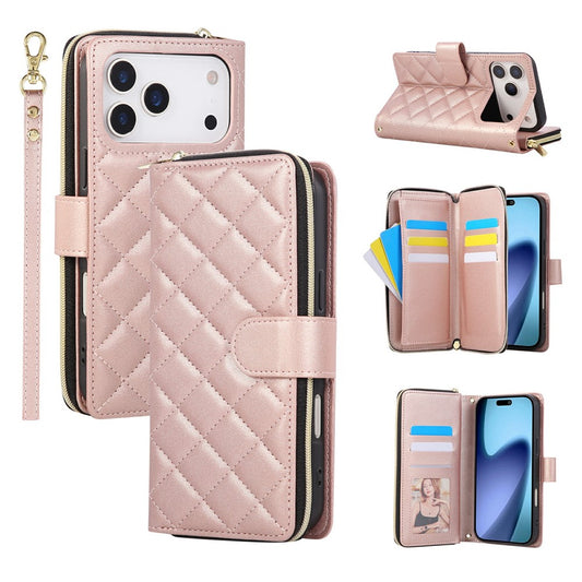 For iPhone 17 Pro Max Case Zipper Wallet Rhombus PU Leather Crossbody Phone Cover - Rose Gold