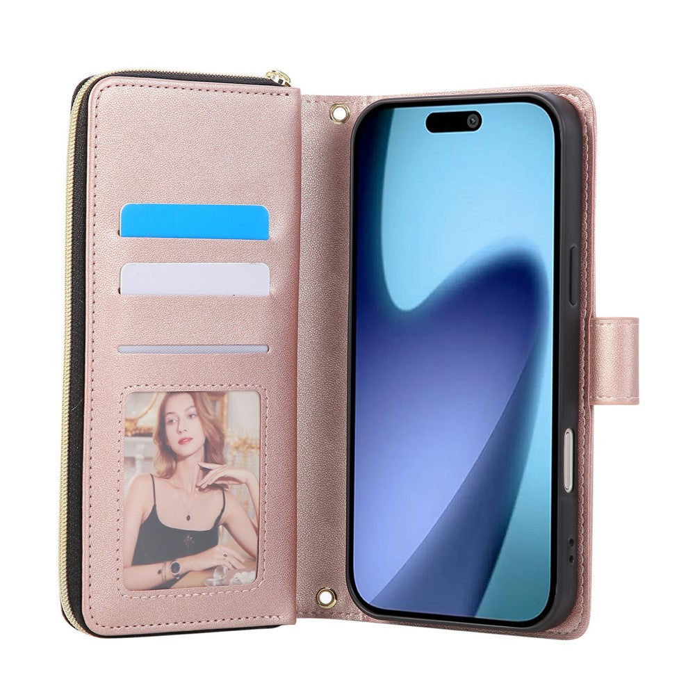 For iPhone 17 Pro Max Case Zipper Wallet Rhombus PU Leather Crossbody Phone Cover - Rose Gold