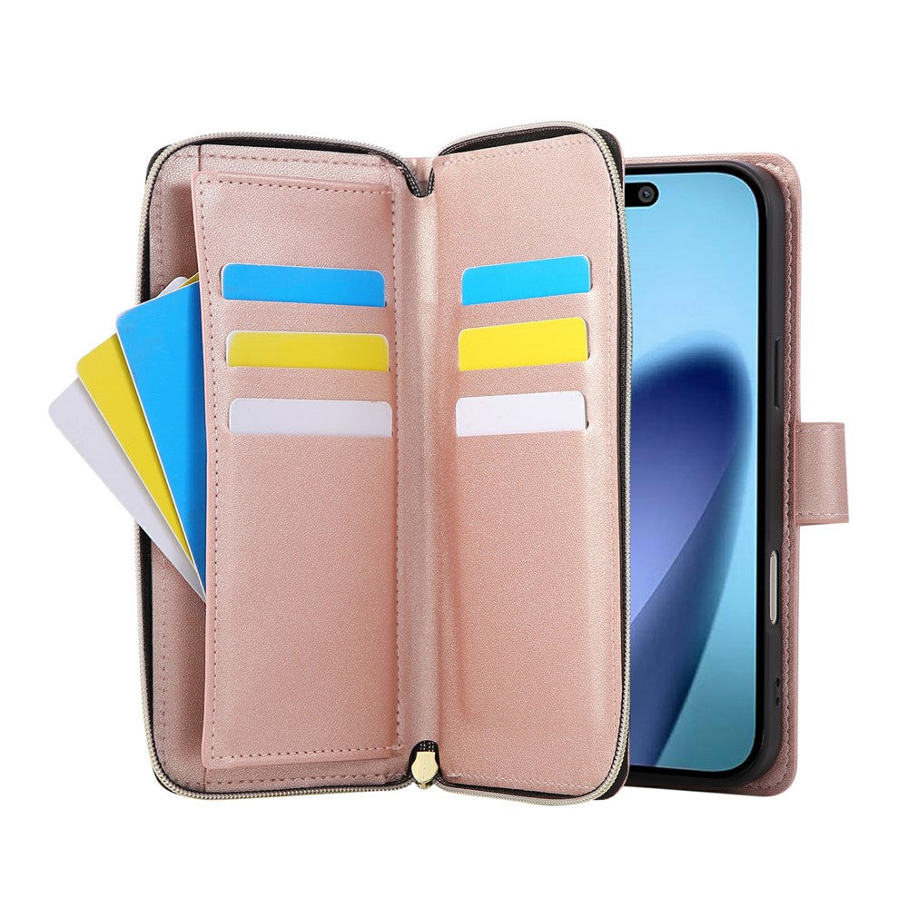 For iPhone 17 Pro Max Case Zipper Wallet Rhombus PU Leather Crossbody Phone Cover - Rose Gold
