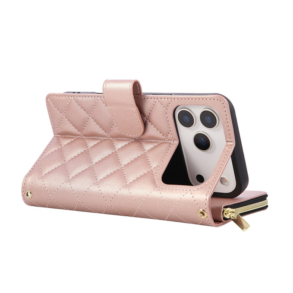 For iPhone 17 Pro Max Case Zipper Wallet Rhombus PU Leather Crossbody Phone Cover - Rose Gold