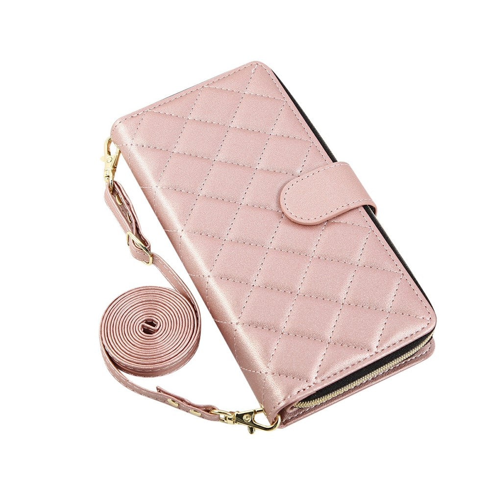 For iPhone 17 Pro Max Case Zipper Wallet Rhombus PU Leather Crossbody Phone Cover - Rose Gold