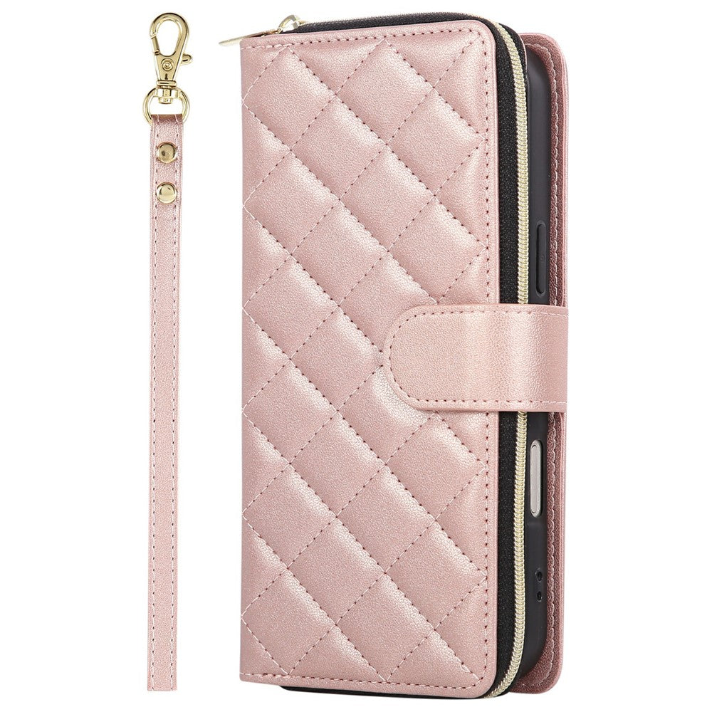 For iPhone 17 Pro Max Case Zipper Wallet Rhombus PU Leather Crossbody Phone Cover - Rose Gold