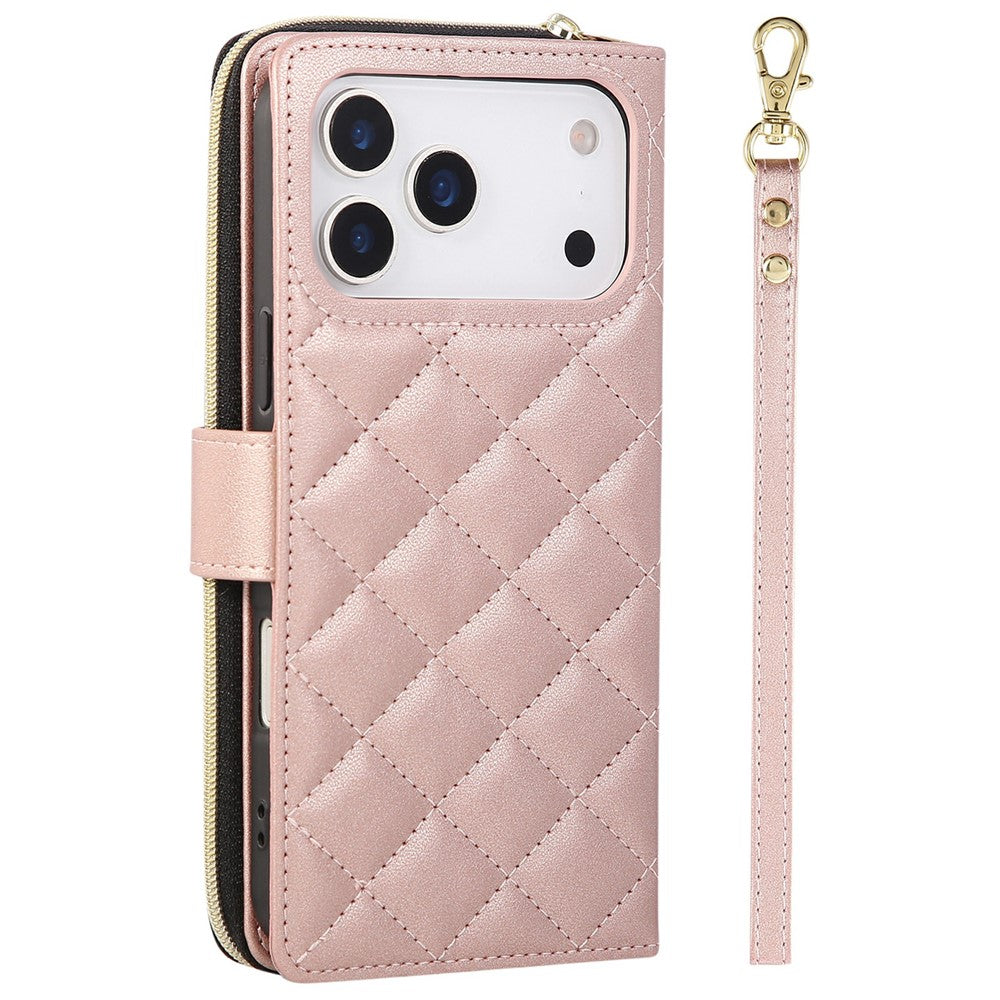 For iPhone 17 Pro Max Case Zipper Wallet Rhombus PU Leather Crossbody Phone Cover - Rose Gold