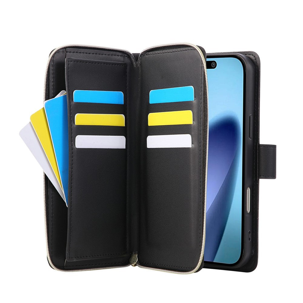 For iPhone 17 Pro Max Case Zipper Wallet Rhombus PU Leather Crossbody Phone Cover - Black