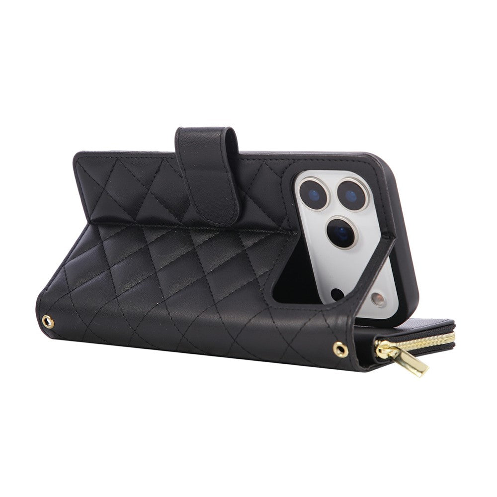 For iPhone 17 Pro Max Case Zipper Wallet Rhombus PU Leather Crossbody Phone Cover - Black