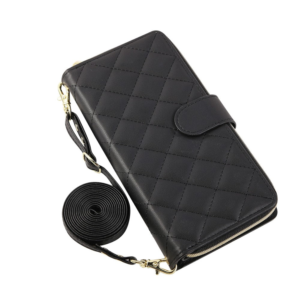 For iPhone 17 Pro Max Case Zipper Wallet Rhombus PU Leather Crossbody Phone Cover - Black