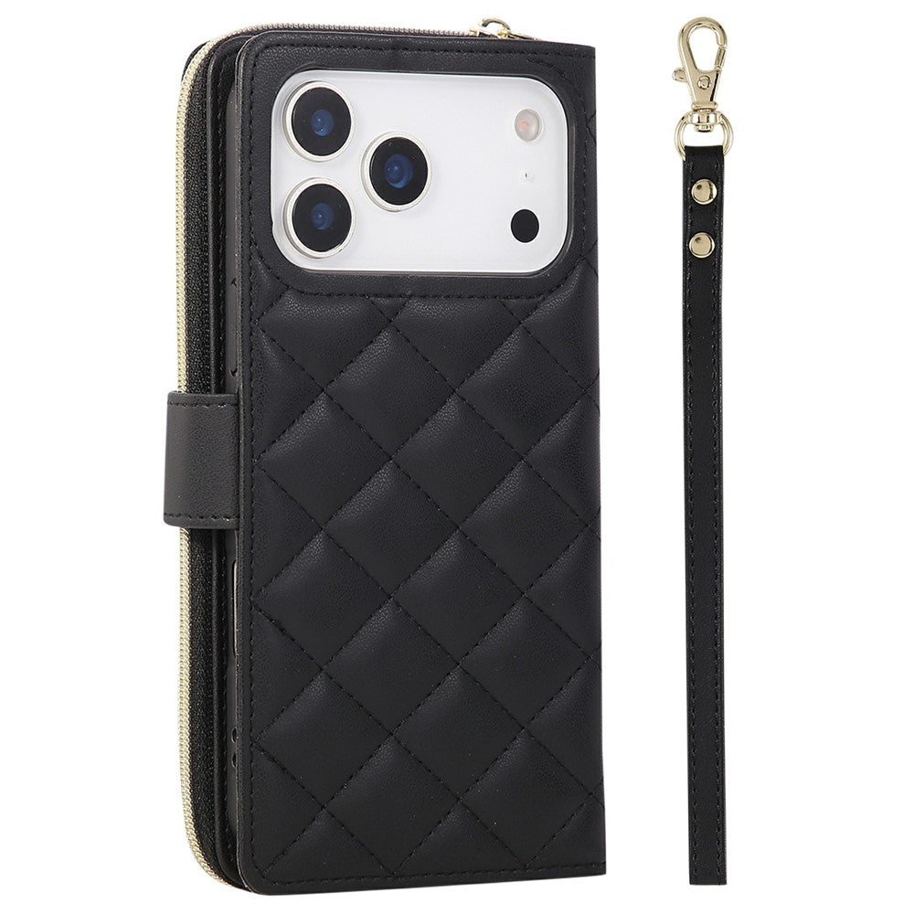 For iPhone 17 Pro Max Case Zipper Wallet Rhombus PU Leather Crossbody Phone Cover - Black