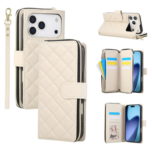 For iPhone 17 Pro Max Case Zipper Wallet Rhombus PU Leather Crossbody Phone Cover - Beige