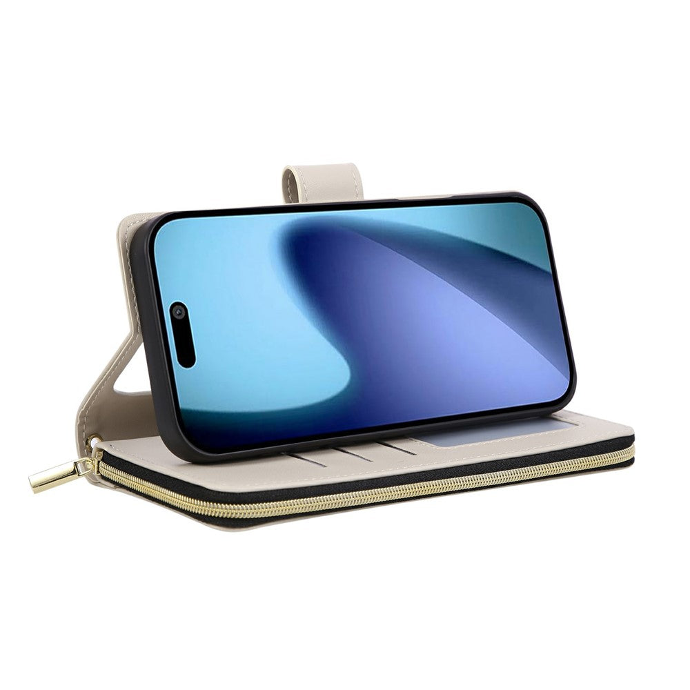 For iPhone 17 Pro Max Case Zipper Wallet Rhombus PU Leather Crossbody Phone Cover - Beige