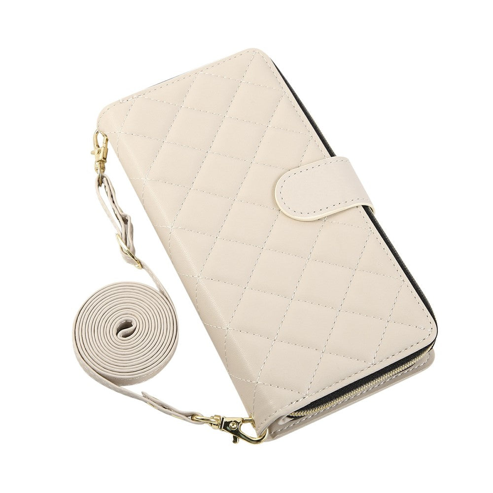 For iPhone 17 Pro Max Case Zipper Wallet Rhombus PU Leather Crossbody Phone Cover - Beige
