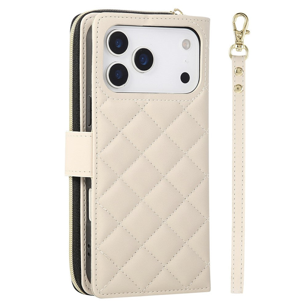 For iPhone 17 Pro Max Case Zipper Wallet Rhombus PU Leather Crossbody Phone Cover - Beige