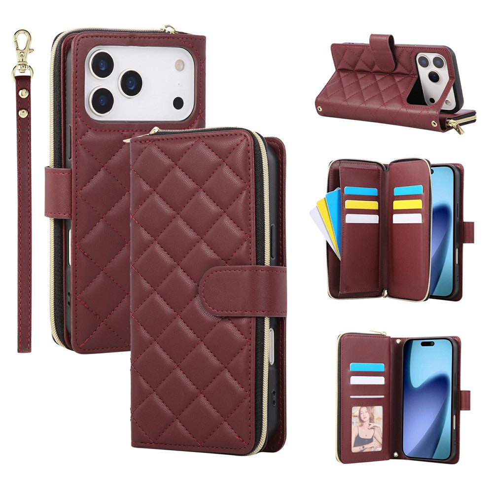 For iPhone 17 Pro Max Case Zipper Wallet Rhombus PU Leather Crossbody Phone Cover - Wine Red