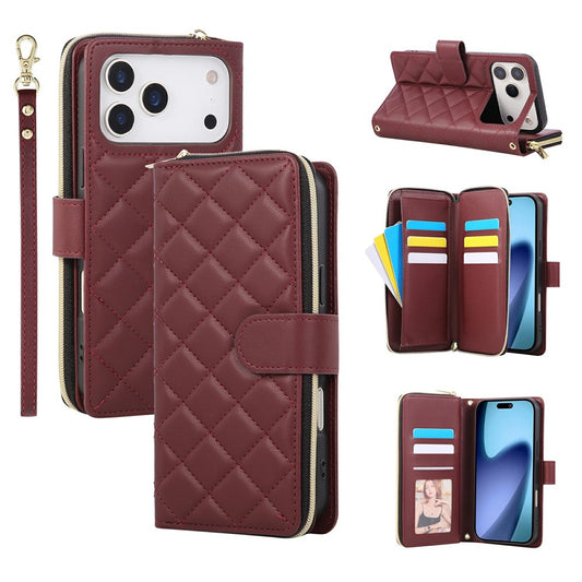 For iPhone 17 Pro Max Case Zipper Wallet Rhombus PU Leather Crossbody Phone Cover - Wine Red