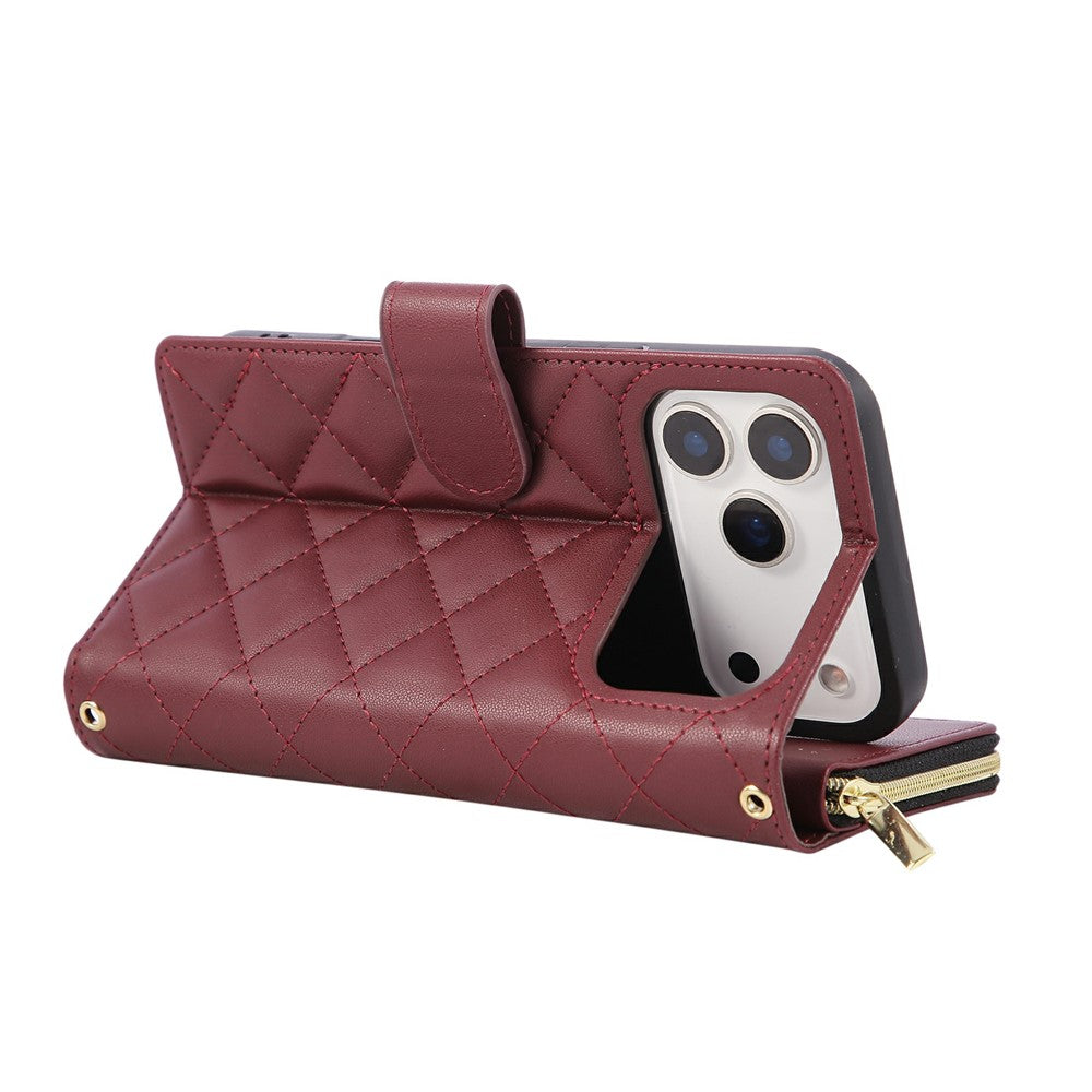 For iPhone 17 Pro Max Case Zipper Wallet Rhombus PU Leather Crossbody Phone Cover - Wine Red