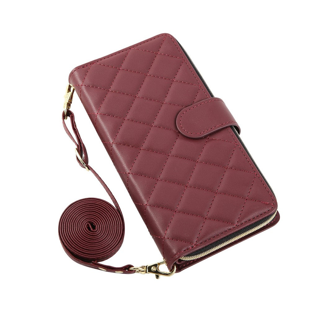 For iPhone 17 Pro Max Case Zipper Wallet Rhombus PU Leather Crossbody Phone Cover - Wine Red