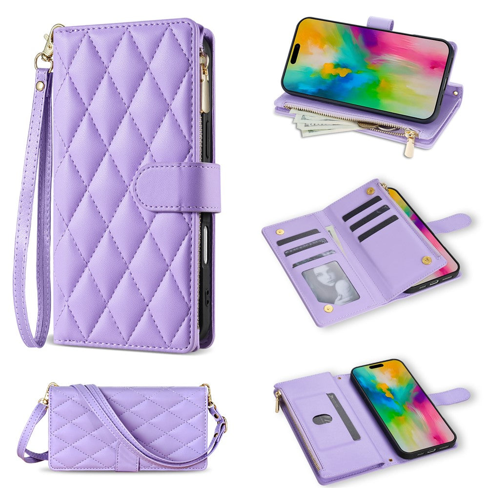 For iPhone 17 Pro Max Case Rhombus Stitching Leather Wallet Phone Cover with Long  /  Short Strap - Light Purple