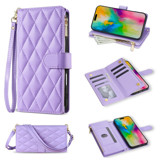 For iPhone 17 Pro Max Case Rhombus Stitching Leather Wallet Phone Cover with Long  /  Short Strap - Light Purple